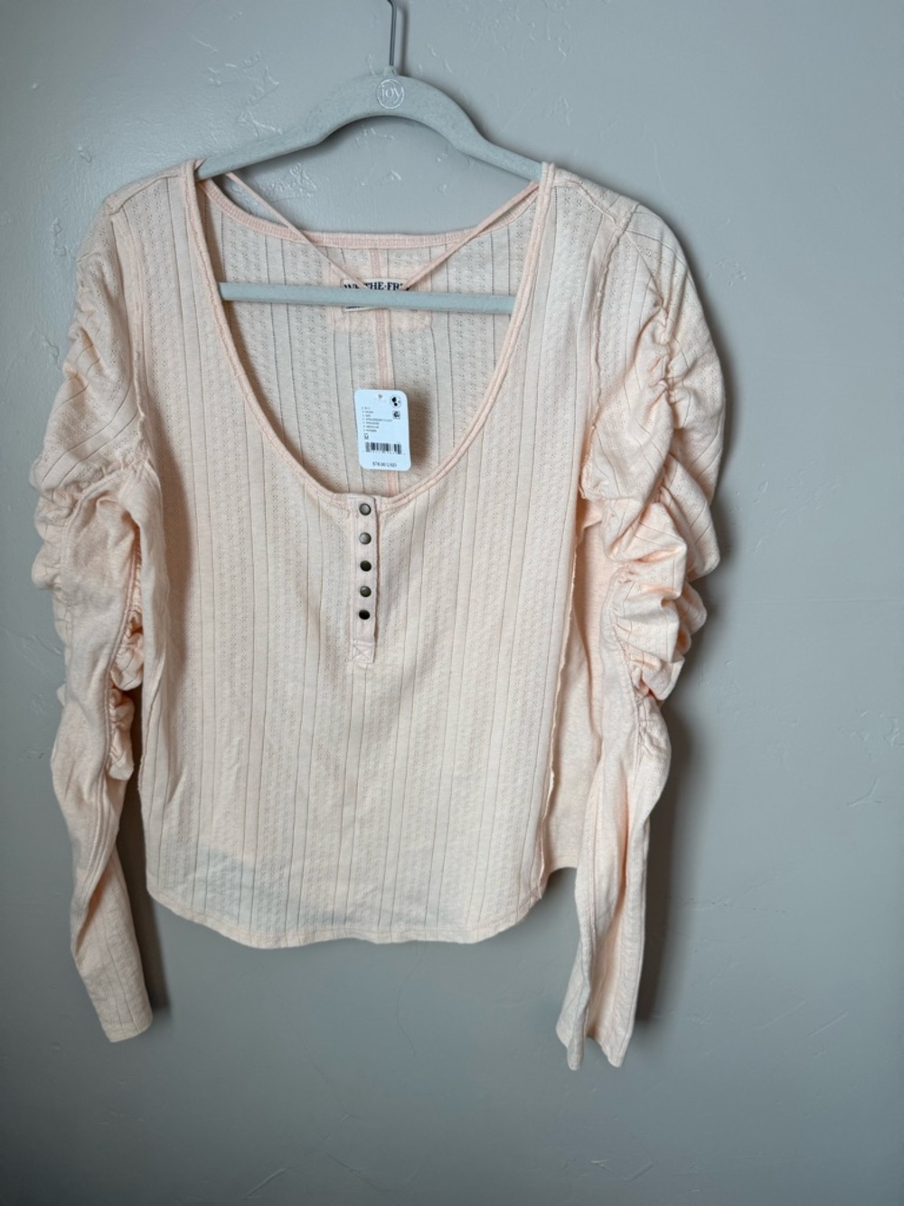 Free People Pale Pink Scoop Neck Henley with Ruched Long Sleeves